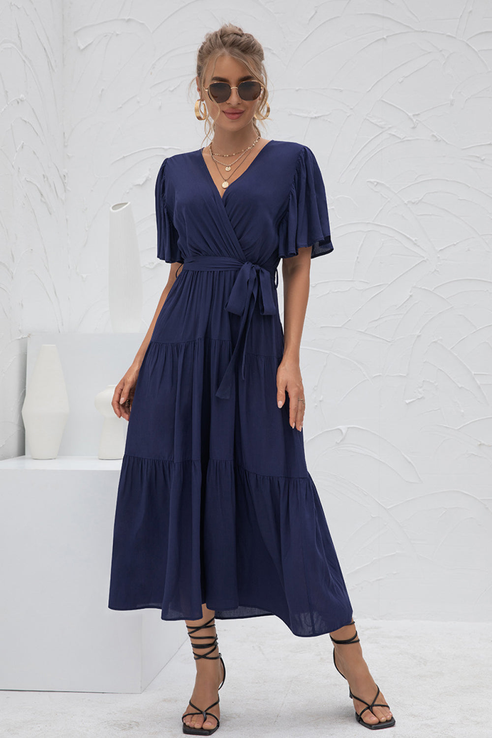 Women's Stylish Navy Flutter Sleeve Wrap Front Tie Dress