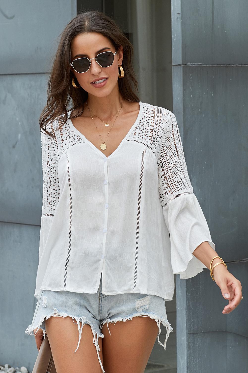 Model wearing a White Stylish Flare Women's Sleeve Lace V-Neck Shirt