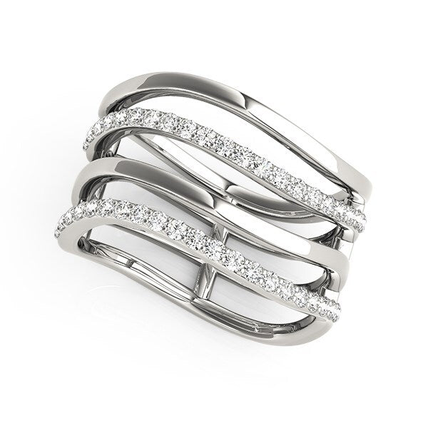 This exquisite ring of 14k white gold is crafted with four undulating bands, alternating between exquisitely bedecked in diamonds and elegantly polished designs. Boasting an impressive 3/8cttw total diamond weight, it is the perfect choice for those seeking a luxurious, stylish accessory.