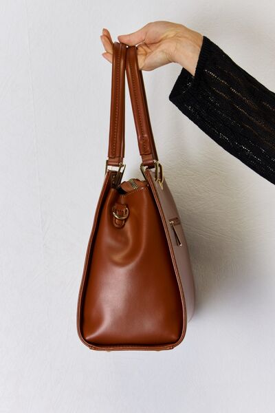 Side view of a Cognac David Jones Elegant Stylish Ladies Texture PU Leather Handbag