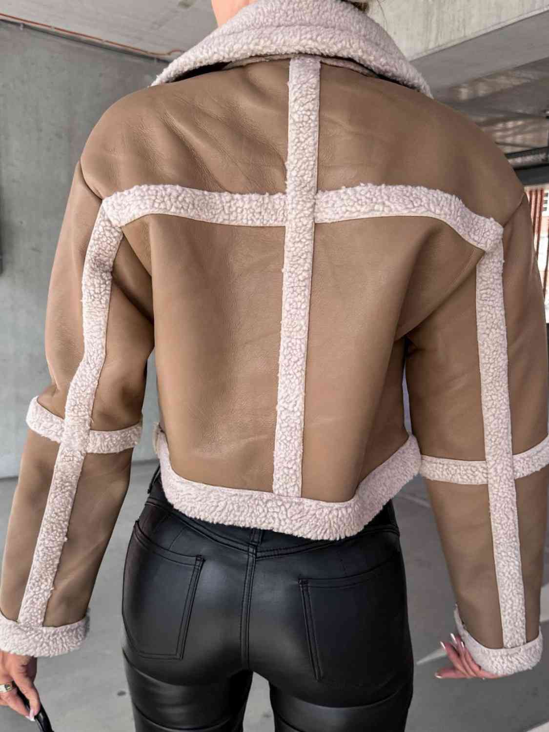 Model wearing a Mocha Ladies Comfortable Stylish Cotton Collared Buckle Detail Jacket Back View