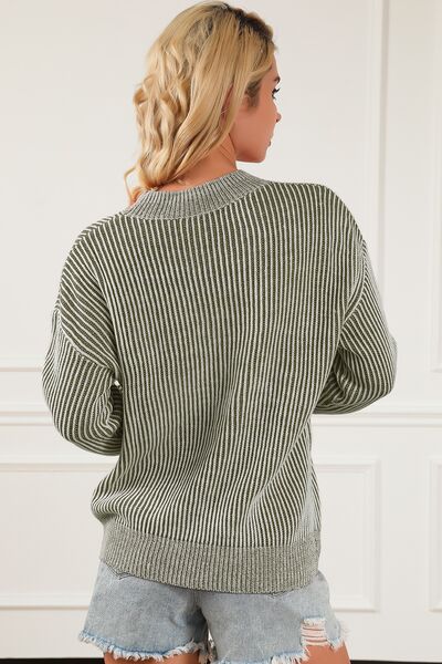 Ladies Striped Mock Neck Dropped Shoulder Sweater