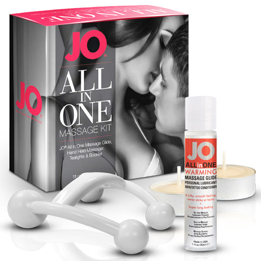 The JO All-In-One Couple's Massage Kit has it all - the perfect ingredients for an ultra-romantic and sexy time. Let their massage glide soften and condition skin and tattoos, then get cozy with a tea light and handheld massager for tension relief. Plus, an included Massage Guide furnishes tips and techniques for the ultimate experience! 1 fl oz