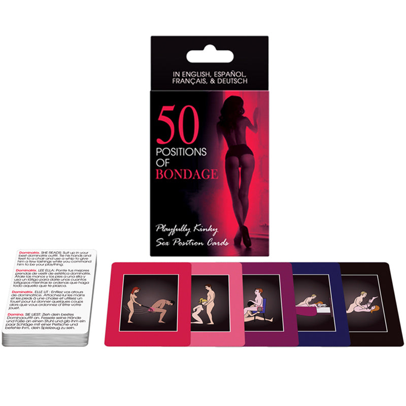 Use the cards as flashcards and explore 50 positions of sexual bondage. Great for ideas or play the included game where you vie with your lover for the best 5-card fantasy.