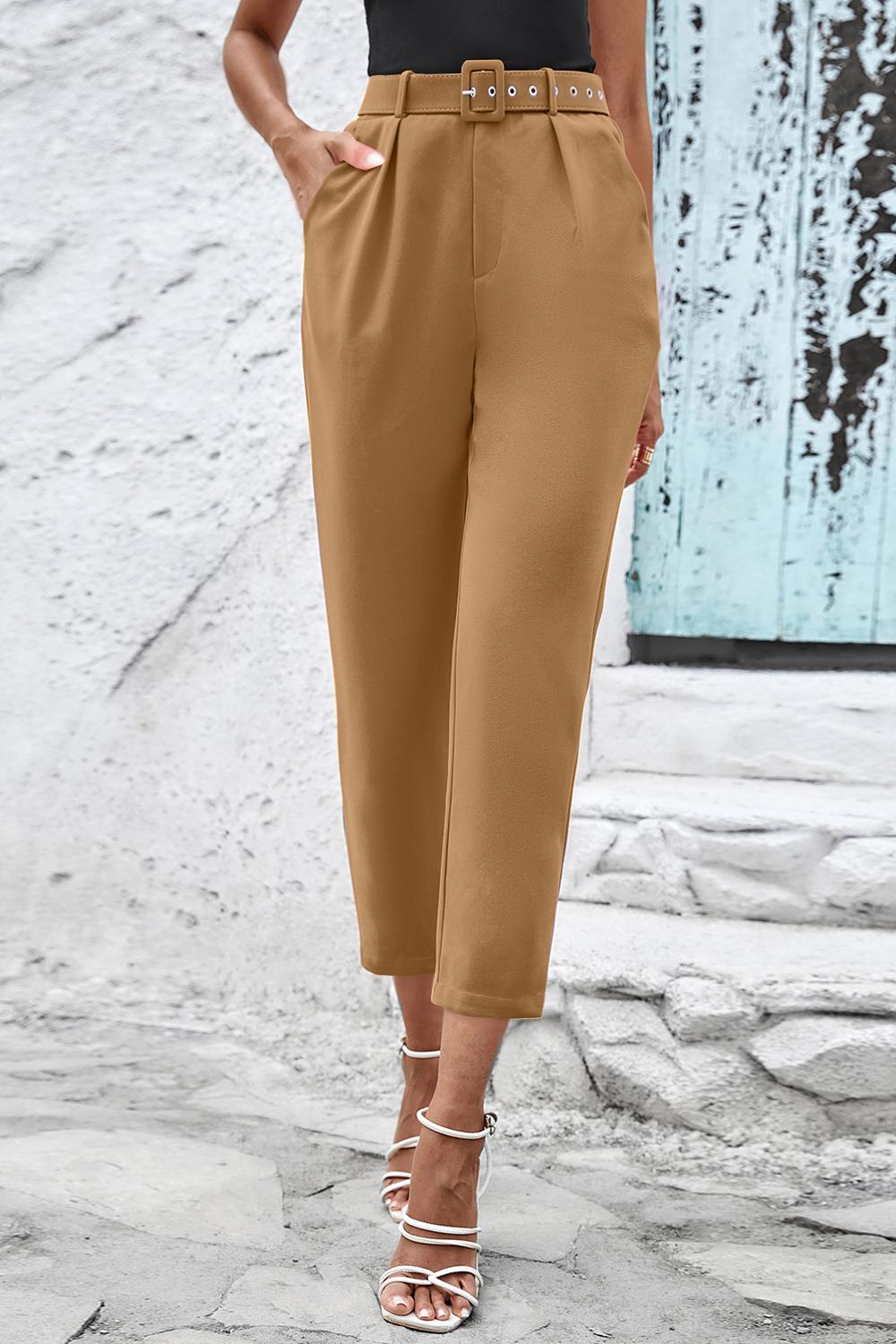 A model wearing apair of camel Modern Women's Straight Leg Cropped Pants