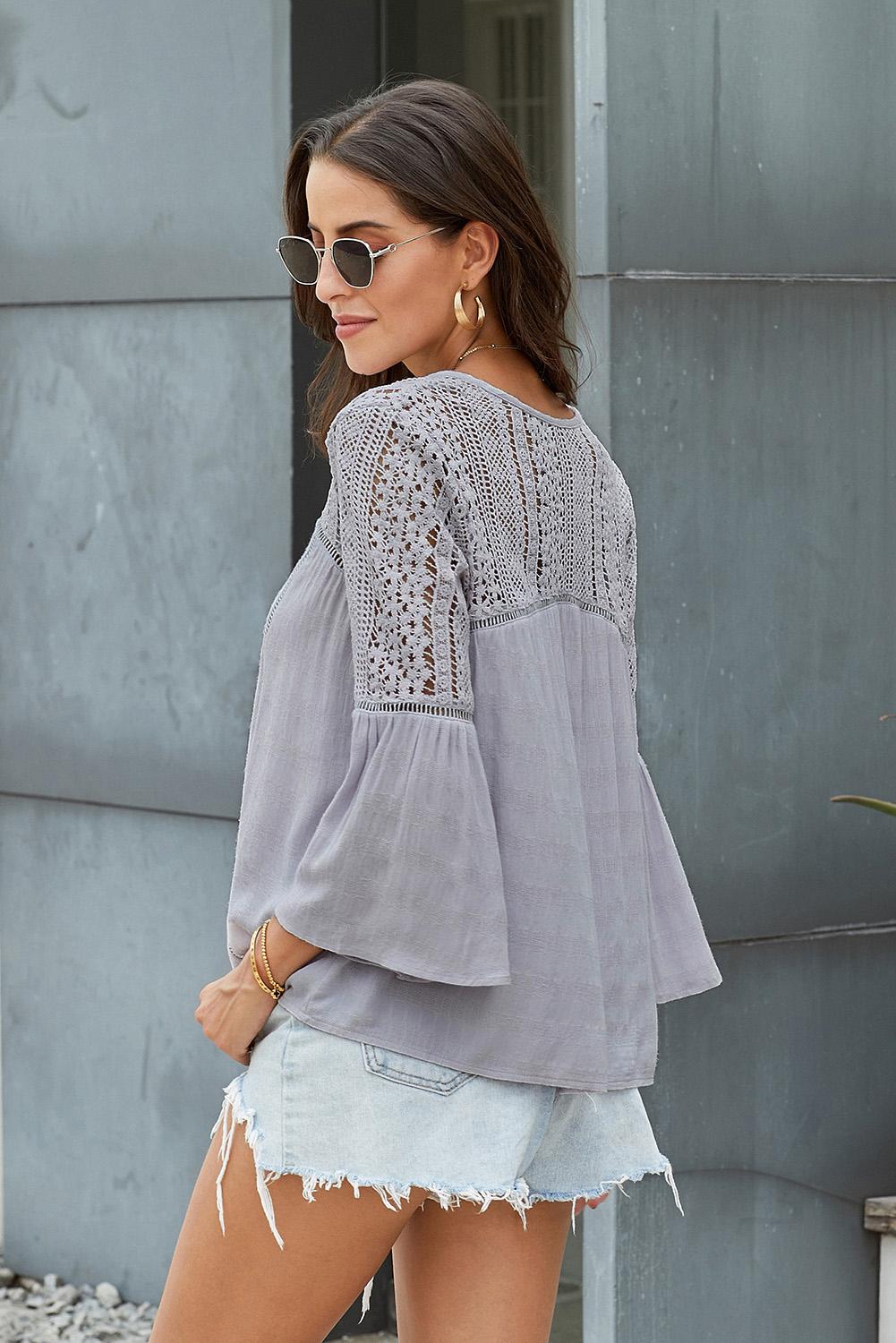 Back view of a Model wearing a Gray Dawn Stylish Flare Women's Sleeve Lace V-Neck Shirt 