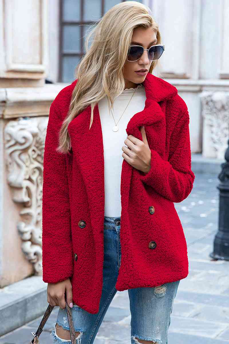 Model wearing Deep Red Fashionable Women's Lapel Collar Sherpa Coat 