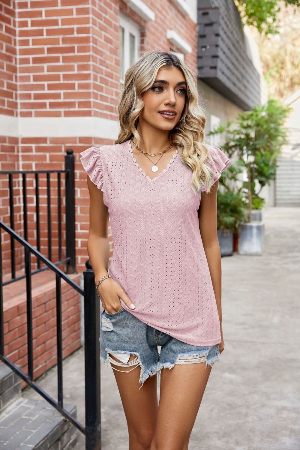 Ladies Eyelet Flutter Sleeve Scalloped V-Neck Top