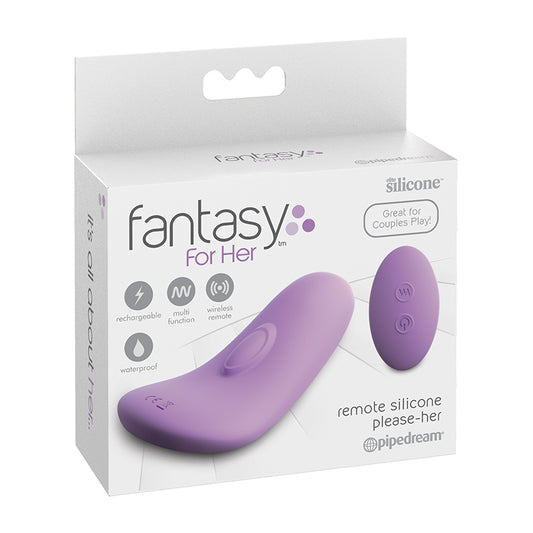 Explore your wildest fantasies with the Fantasy For Her Remote Sili Please-Her vibrator! Take control of your pleasure with the remote, made with luxurious, purple silicone for maximum comfort. Enjoy a safer experience with the secure wireless connection and turn any night into a thrilling adventure. 
