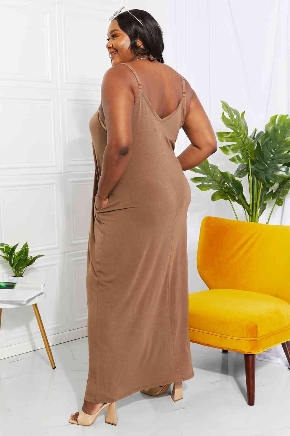 A back view of a plus size model wearing a Women's Casual Mocha Zenana Beach Vibes Cami Maxi Dress