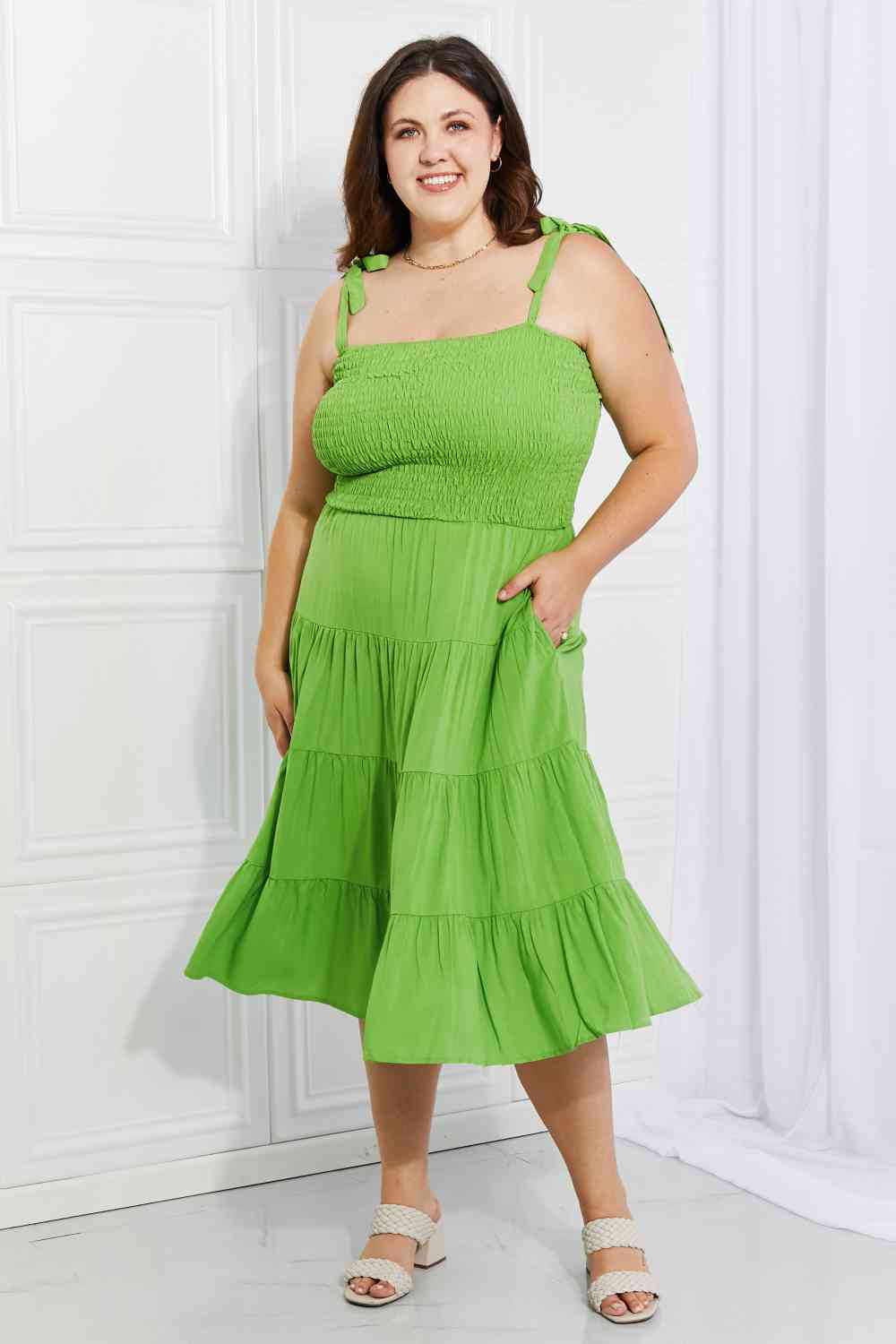 Plus Size Model wearing a Lime Ladies Culture Code Summer Solstice Smocked Tiered Dress