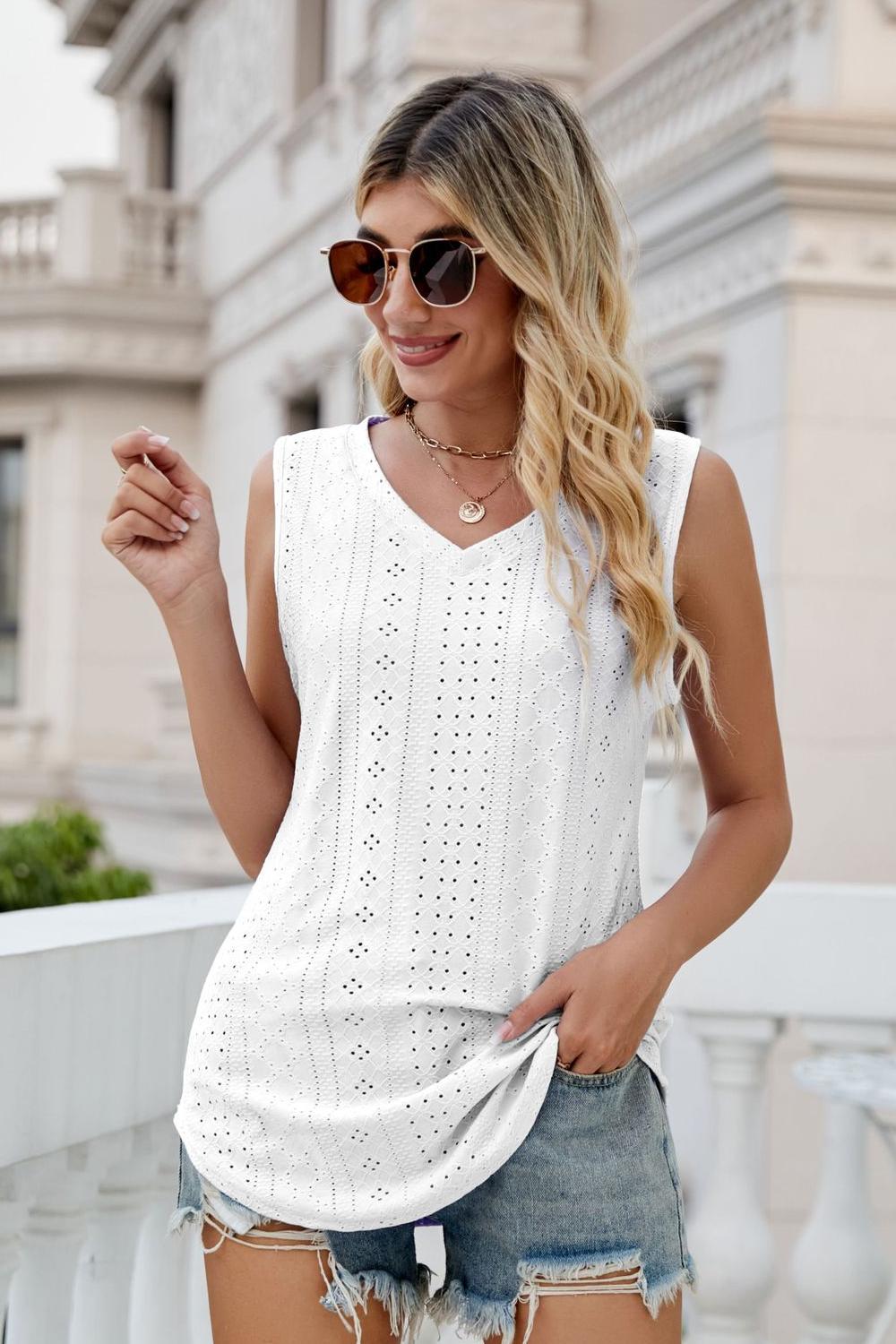 Model wearing white ladies Sleeveless Eyelet V-Neck Tank