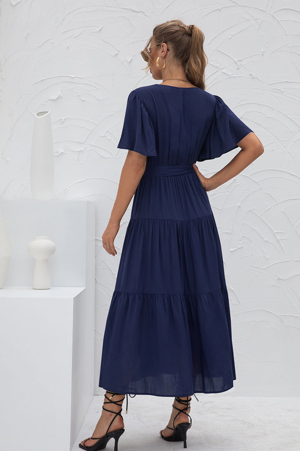 Women's Stylish Navy Flutter Sleeve Wrap Front Tie Dress Back View