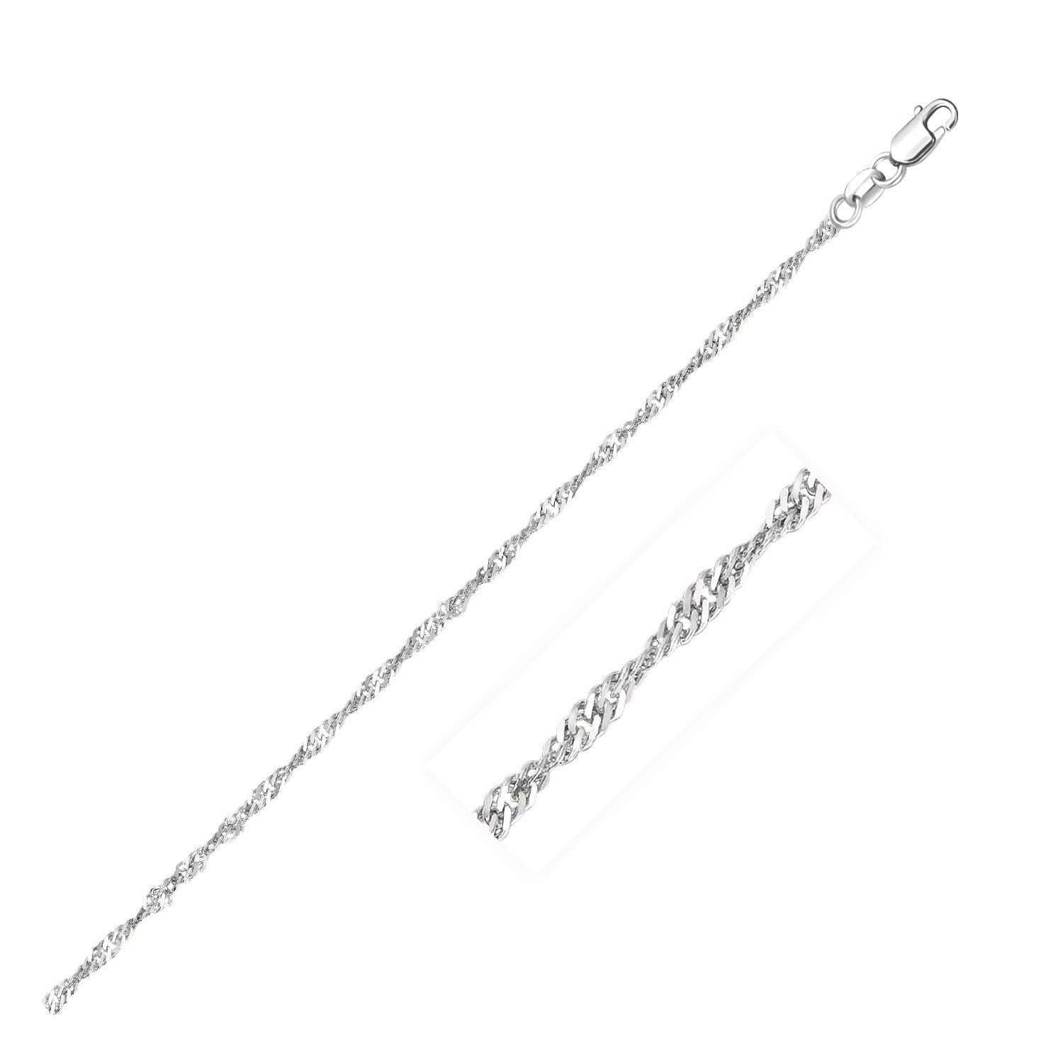 This beautiful, classic women's stylish 14k white gold Singapore chain looks stunning with any outfit. Crafted from 14K white gold, it will add a touch of class and elegance to any ensemble. Its 1.7mm chain width is delicate, yet sturdy, making it perfect for everyday wear. Showcase your style with this timeless Singapore chain!