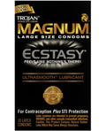 Trojan Magnum Ecstasy Condoms tantalize with an advanced design for ultimate pleasure, natural movement, and a secure fit. Textured to ignite passion, they come with Ultra Smooth Premium Lubricant for an extra luxurious feel. Experience explosive excitement! Box of 10 Condoms
