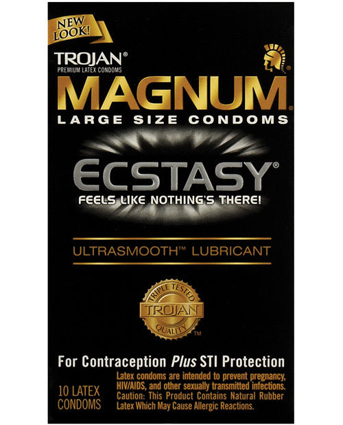 Trojan Magnum Ecstasy Condoms tantalize with an advanced design for ultimate pleasure, natural movement, and a secure fit. Textured to ignite passion, they come with Ultra Smooth Premium Lubricant for an extra luxurious feel. Experience explosive excitement! Box of 10 Condoms