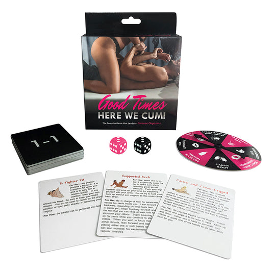 Good Time Here We Cum, the ultimate sexual game that leads to explosive climaxes! You and your partner engage in sensual play that culminates in selecting an Explosive Climax card to act out. Spinning the intimacy wheel and completing actions earns you cards. Each card offers a special suggestion for enhancing and intensifying orgasms, with instructions for both him and her on every card.