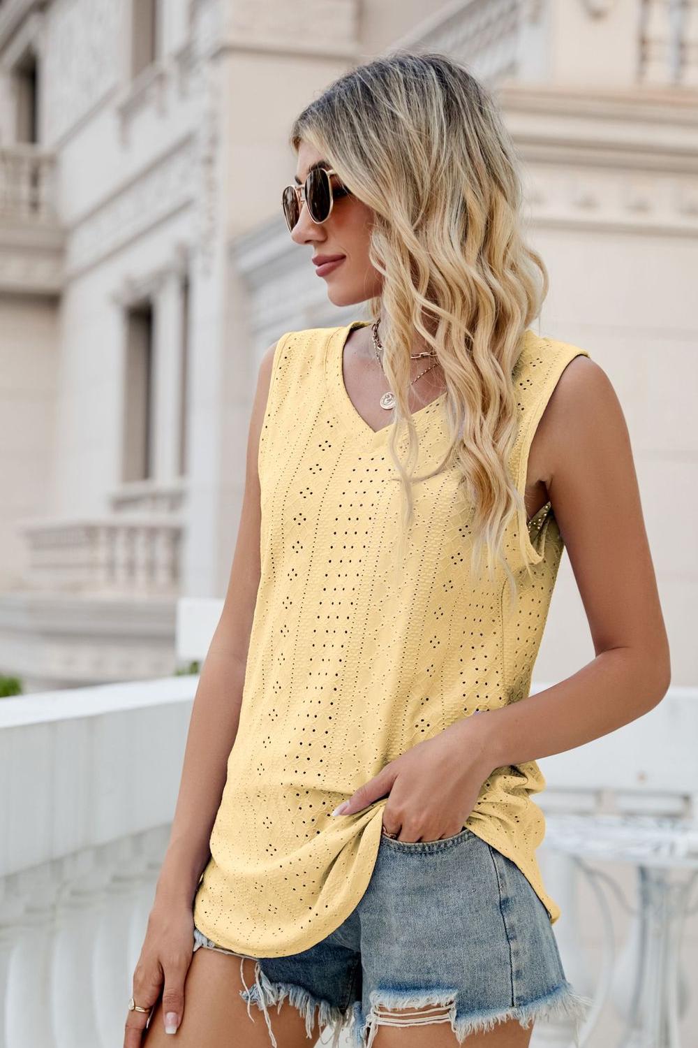 Model wearing yellow ladies Sleeveless Eyelet V-Neck Tank