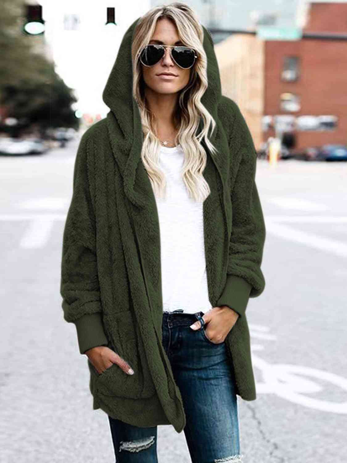 Model wearing an Army Green Ladies Luxuriously Soft Hooded Teddy Jacket