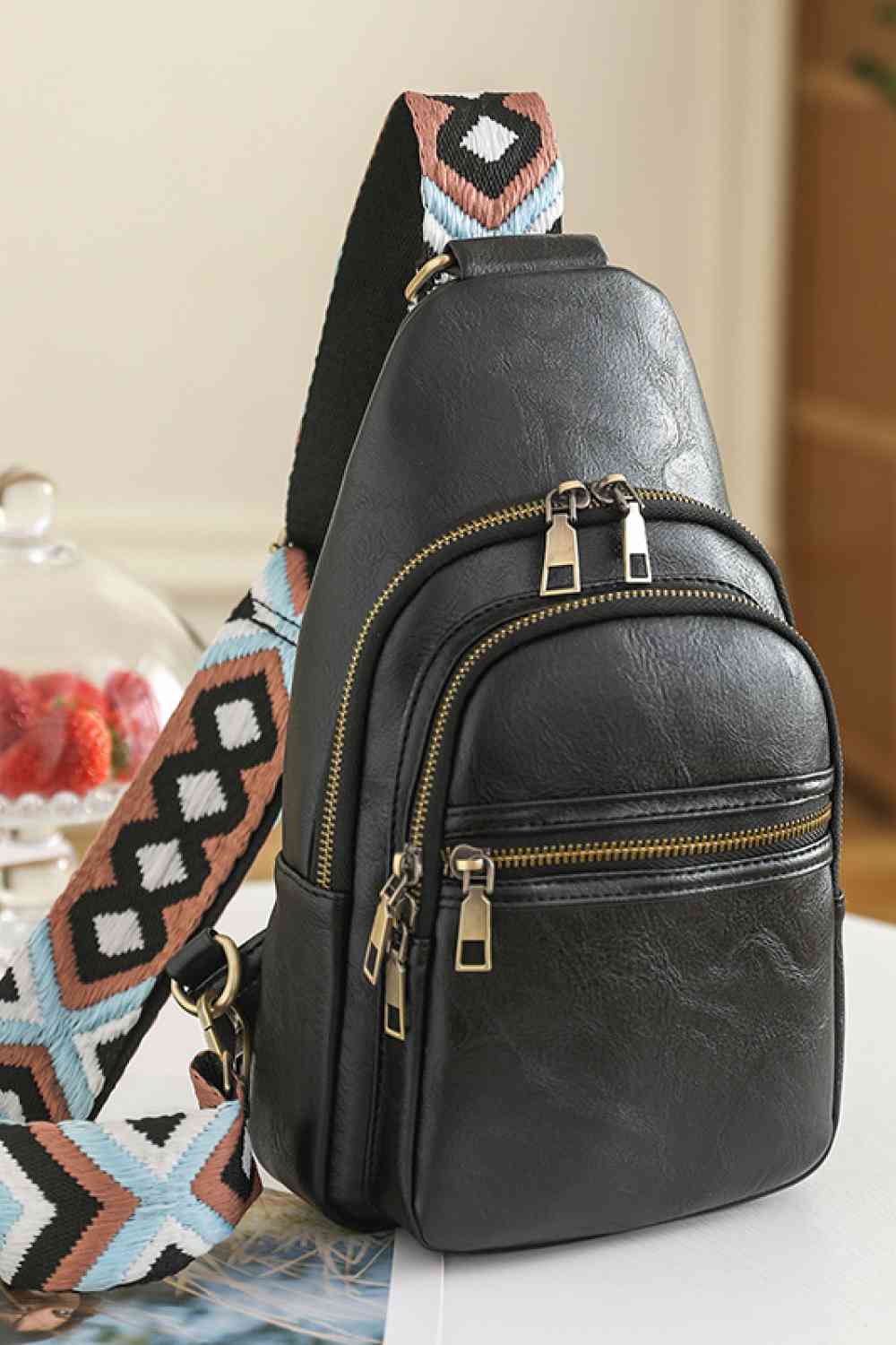 Close up view of a Black Women's Casual Adored It's Your Time PU Leather Sling Bag