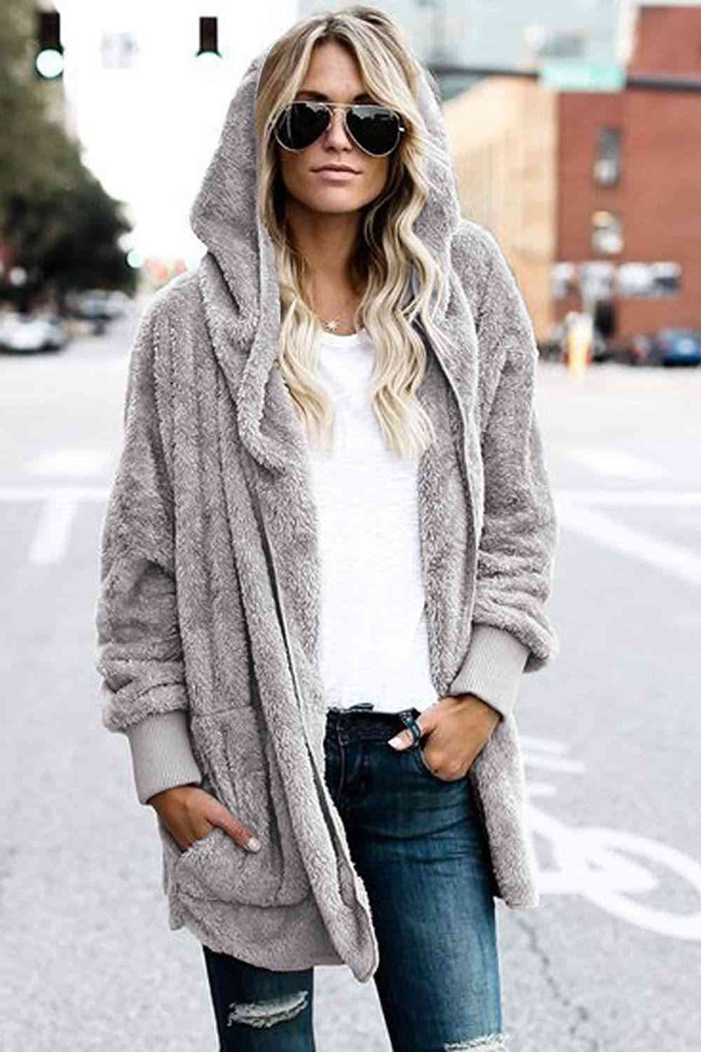 Model wearing a Light Gray Ladies Luxuriously Soft Hooded Teddy Jacket