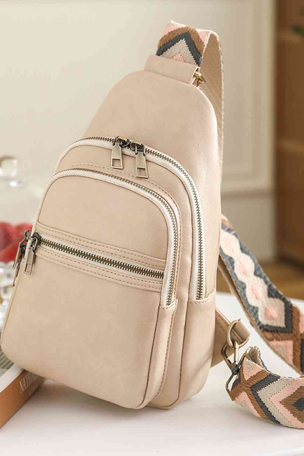 Close up view of a Cream Women's Casual Adored It's Your Time PU Leather Sling Bag