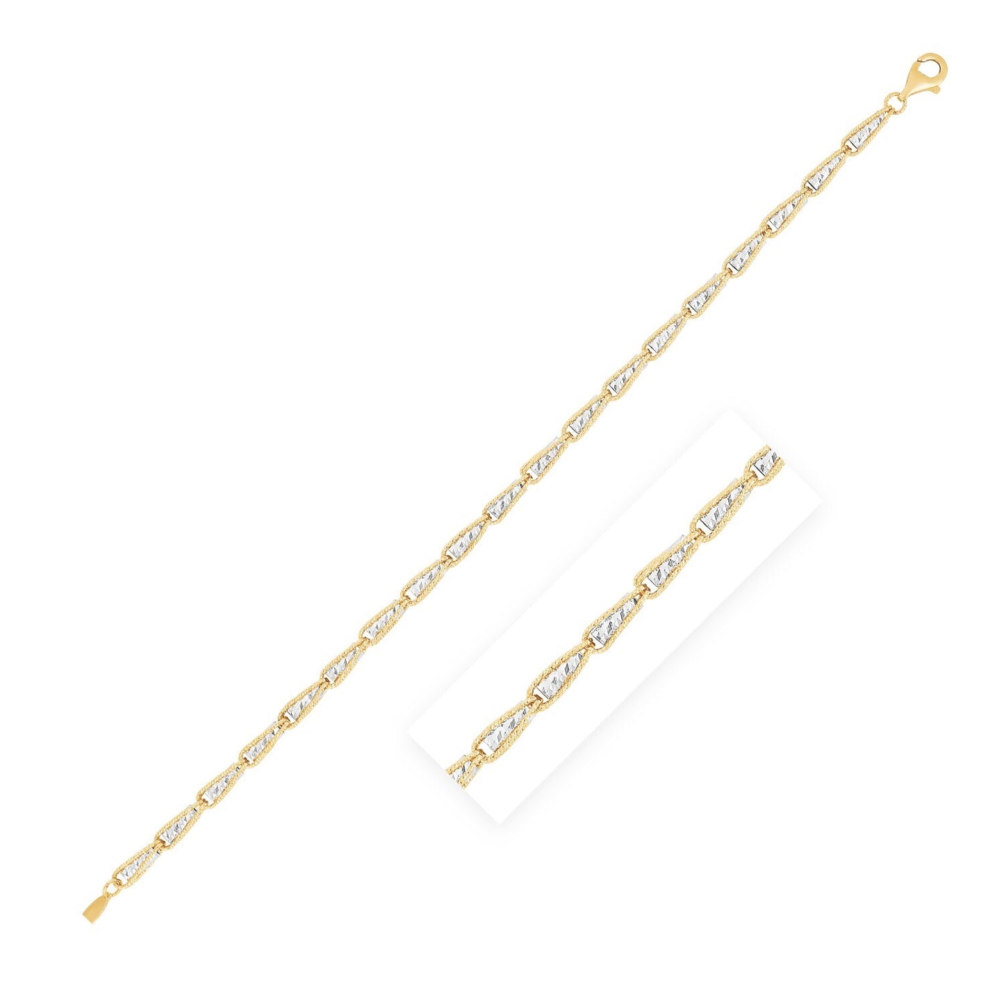 This 14k Women's Two Tone Gold High Polish Diamond Cut Link Chain Bracelet is a timeless classic. Measuring 3.2mm width and 7 1/2in length, its gorgeous design and luxurious diamond cut finish make this bracelet sparkle with elegance. With a lobster clasp closure, you can trust it to stay secure in place. A perfect accessory for any occasion.