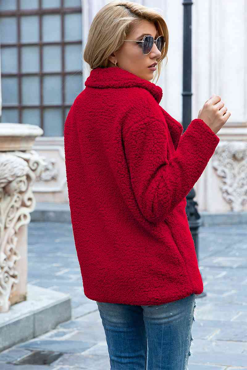 Model wearing Deep Red Fashionable Women's Lapel Collar Sherpa Coat back view