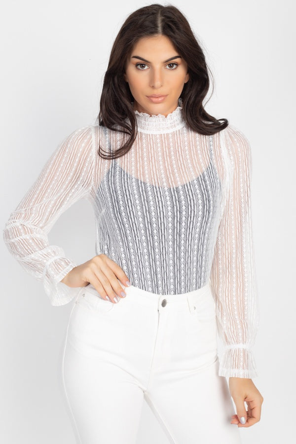 Women's White Ruffle Mock Neck Lace Top