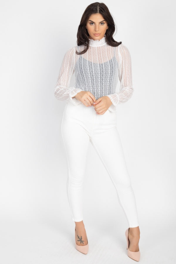 Women's White Ruffle Mock Neck Lace Top