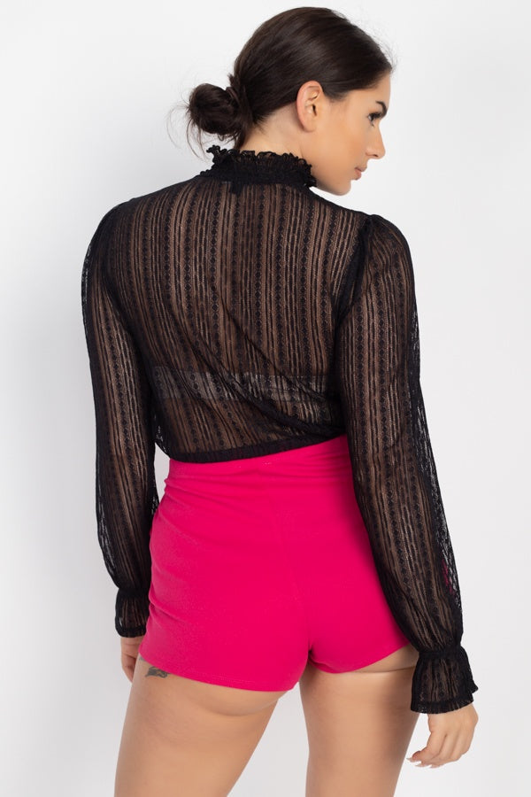 Women's Sheer Black Ruffle Neck Lace Top