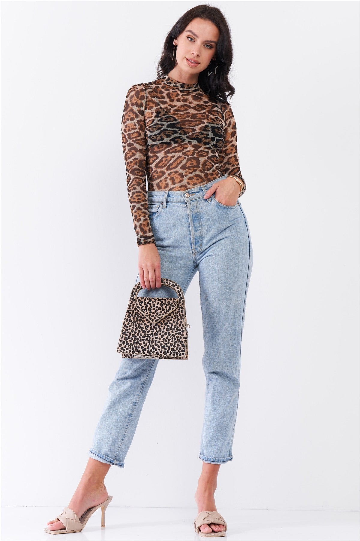 Taupe Brown Women's Jaguar Print Sheer Mesh Mock Neck Long Sleeve Bodysuit