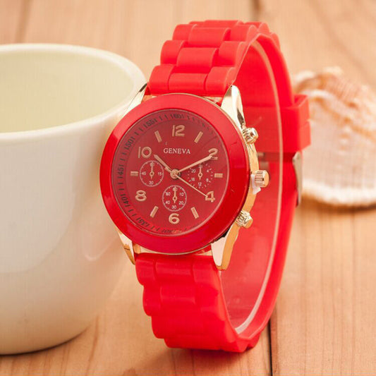 Modern Geneva Chic Red Silicone Wristwatch