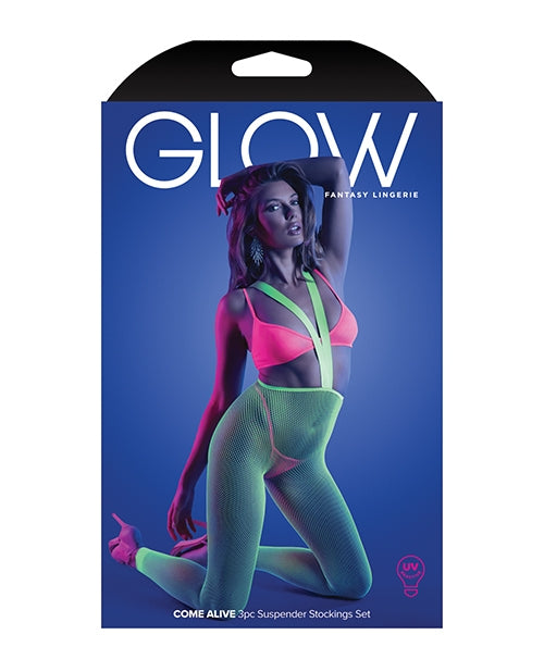 Glow come alive 3pc seamless set neon green & pink o/s