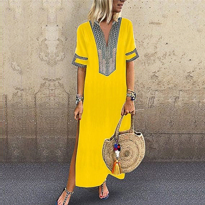 Women's Fashion Design Print V-Neck Short-Sleeve Side-Slit Maxi Dress