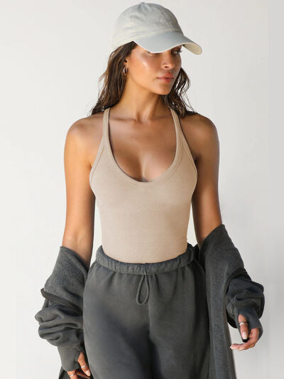 A model wear a Sand Ladies Versatile Sleek Scoop Neck Wide Strap Tank