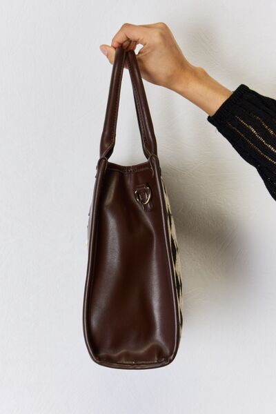 Side view of a Chocolate David Jones Ladies Argyle Pattern PU Leather Handbag