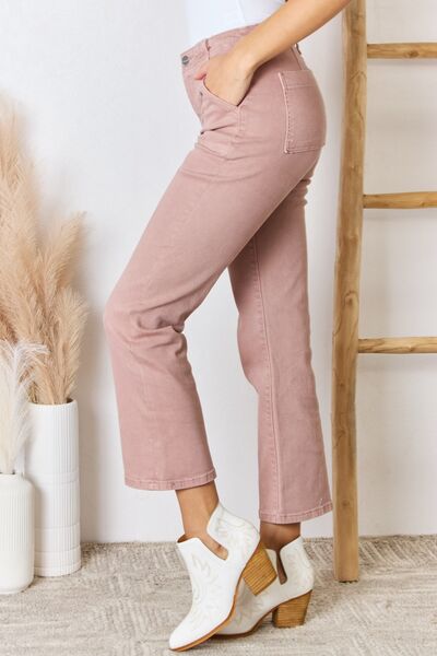 Side view of Ladies RISEN High Rise Ankle Flare Jeans showing the flare detail