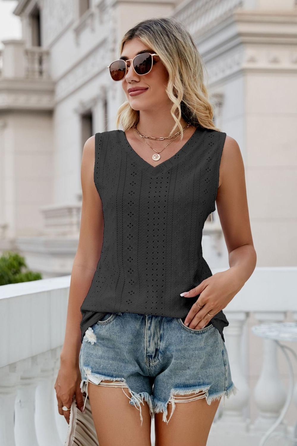 Model wearing black ladies Sleeveless Eyelet V-Neck Tank