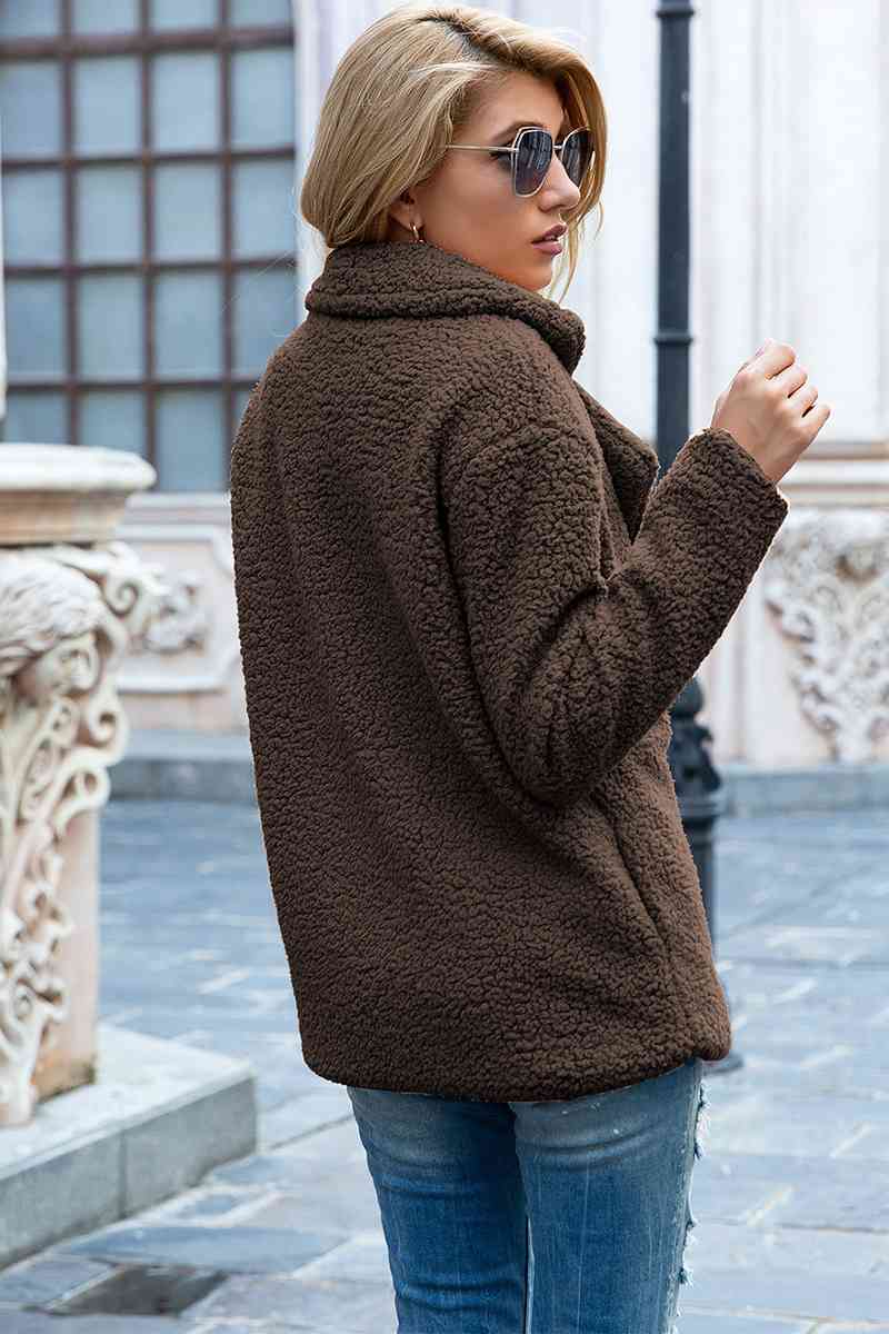 Model wearing Coffee Brown Fashionable Women's Lapel Collar Sherpa Coat back view