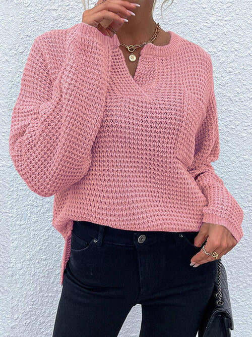 A model wearing a Dusty Pink Women's Trendy Posh Modern Notched Neckline Sweater