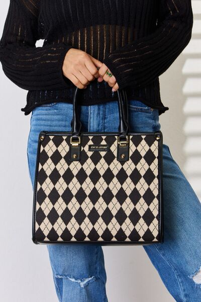 Discover timeless sophistication with our David Jones Argyle Pattern PU Leather Handbag. Crafted with meticulous attention to detail, this handbag features a classic argyle pattern that exudes elegance and charm. Made from high-quality PU leather, it offers durability and luxury without compromising style. 