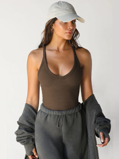 A model wear a Chocolate Ladies Versatile Sleek Scoop Neck Wide Strap Tank