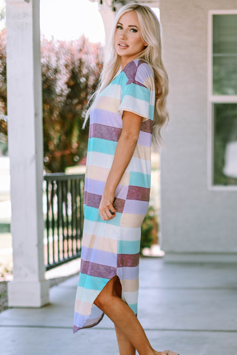 Women's Striped Colorful Hem Midi Dress