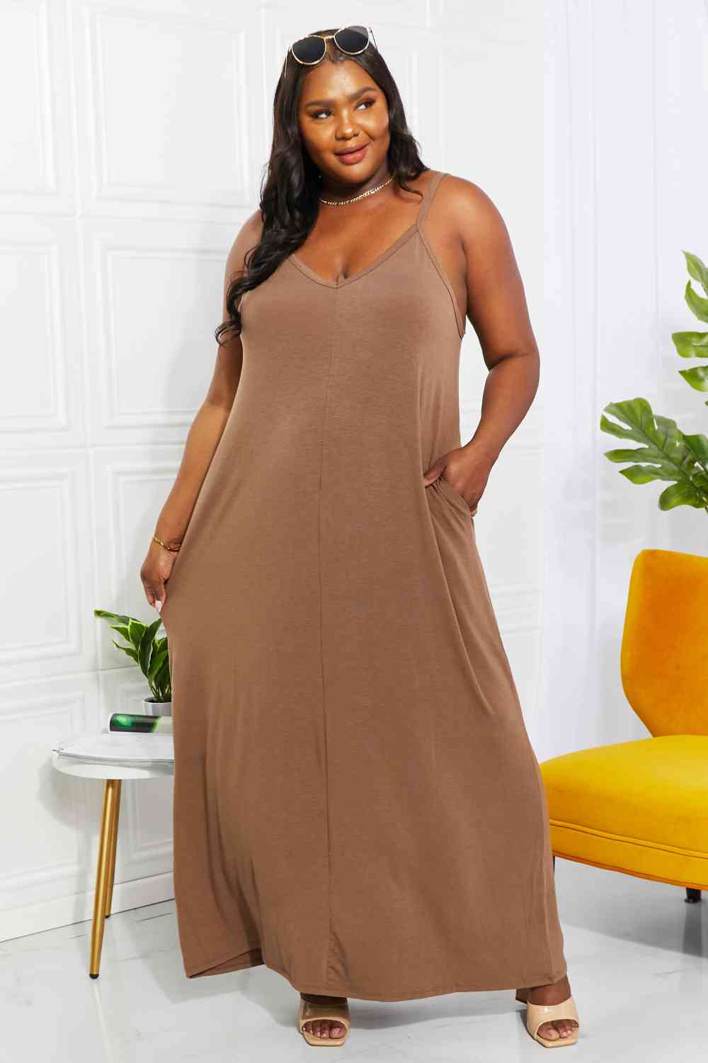 A plus size model wearing a Women's Casual Mocha Zenana Beach Vibes Cami Maxi Dress