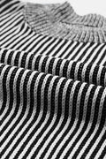 Detail view of a Black Ladies Fashionable Striped Mock Neck Dropped Shoulder Sweater close up view