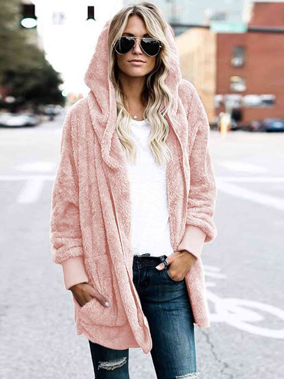 Model wearing a Plush Pink Ladies Luxuriously Soft Hooded Teddy Jacket