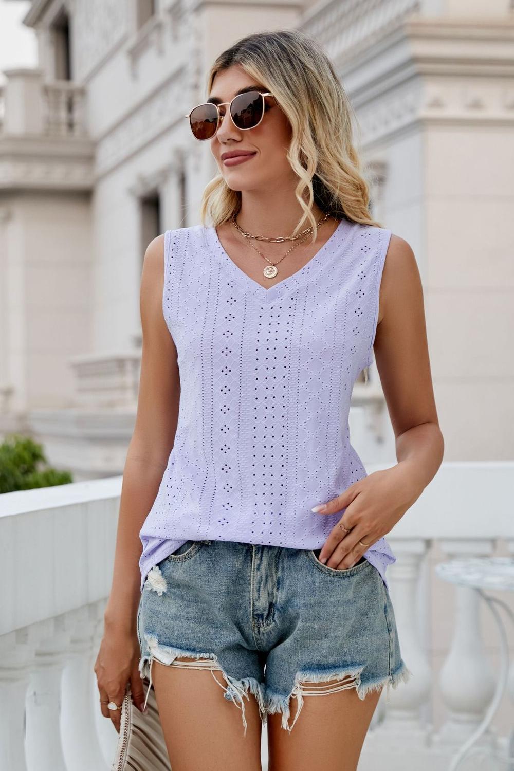 Model wearing ladies lavender Sleeveless Eyelet V-Neck Tank